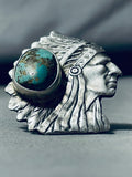 Signed San Felipe Royston Turquoise Sterling Silver Chief Ring-Nativo Arts