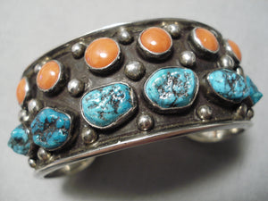 Museum Vintage Native American Navajo Spiderweb Turquoise Coral Sterling Silver Bracelet Old-Nativo Arts