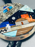 Hogan Night Native American Navajo Important Turquoise Sterling Silver Bolo Tie-Nativo Arts