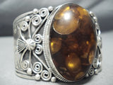 Huge Detailed Vintage Native American Navajo Amber Sterling Silver Coil Bracelet Cuff-Nativo Arts