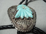 Chief Head Vintage Native American Navajo Turquoise Sterling Silver Leaf Bolo Tie Old-Nativo Arts