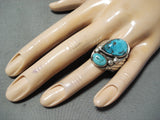 Rich Long Vintage Native American Navajo Kingman Turquoise Sterling Silver Ring Old-Nativo Arts