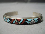 Intricate Vintage Zuni Native American Turquoise Coral Sterling Silver Bracelet-Nativo Arts