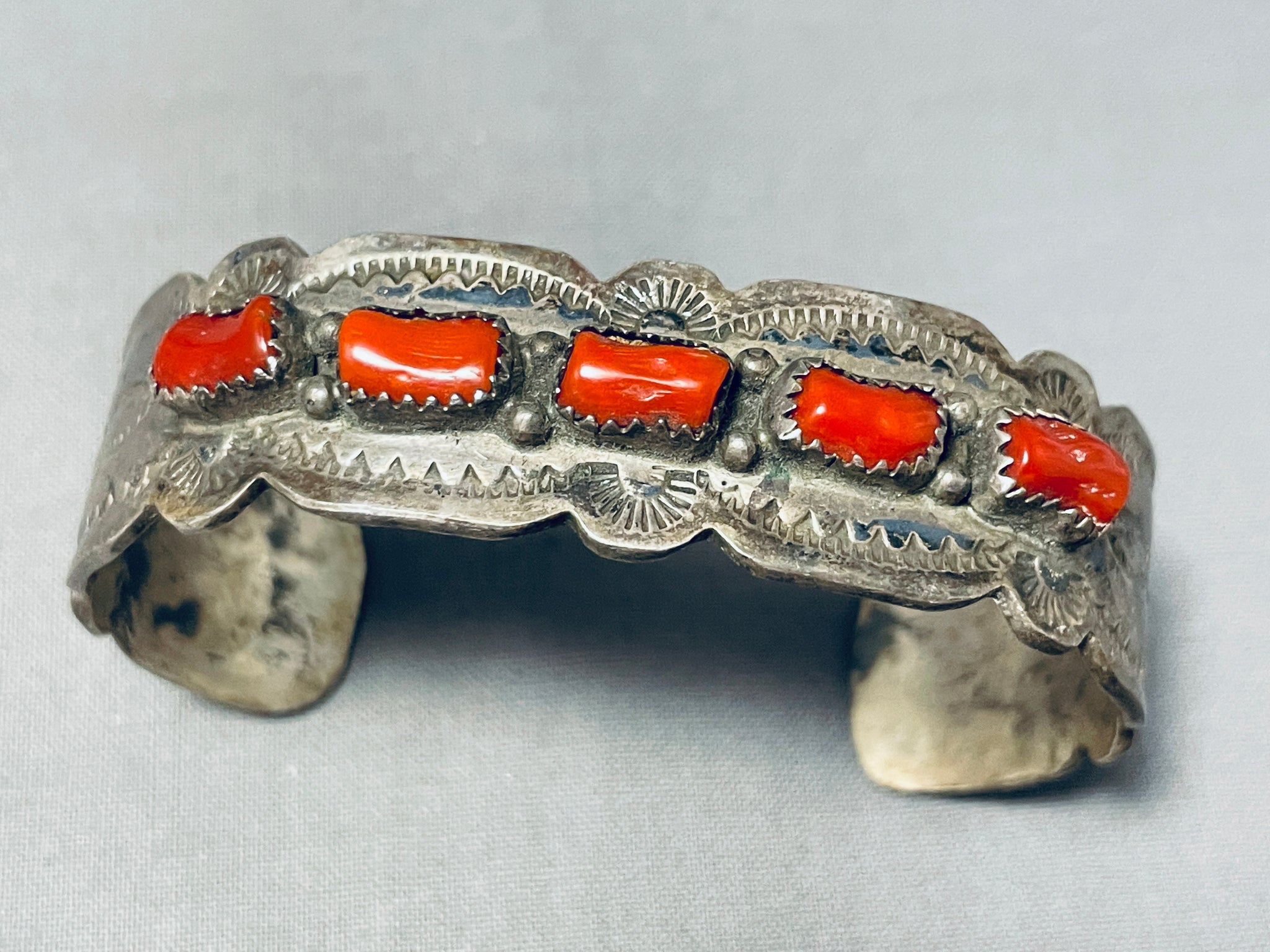Brilliant Vintage Native American Navajo 5 Coral Sterling Silver Brace ...