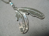Detailed!! Vintage Native American Navajo Turquoise Sterling Silver Feathers Necklace-Nativo Arts