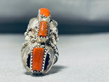 Towering Native American Navajo Coral Sterling Silver Leaf Ring-Nativo Arts