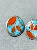 Vibrant Native American Zuni Inlay Blue Gem Turquoise Coral Sterling Silver Earrings-Nativo Arts