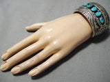 Huge Wide Vintage Native American Navajo Turquoise Sterling Silver Wave Bracelet Old-Nativo Arts