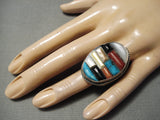 Native American Huge Men's Thick Sturdy Turquoise Coral Inlay Sterling Silver Ring Old-Nativo Arts