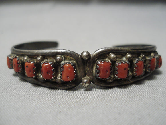 Old Patina Vintage Native American Navajo Coral Sterling Silver Bracelet Cuff Old-Nativo Arts