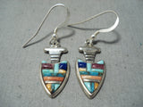 Detailed Intricate Vintage Navajo Native American Zuni Turquoise Sterling Silver Earrings-Nativo Arts