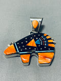 Dazzling Native American Navajo Signed Cosmic Inlay Coral Jet Sterling Silver Bear Pendant-Nativo Arts