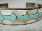 Bneautiful Vintage Native American Zuni Turquoise Pearl Sterling Silver Inlay Bracelet Old-Nativo Arts