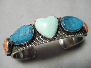 Thicker Detailed Vintage Native American Navajo Green Heart Turquoise Sterling Silver Bracelet-Nativo Arts
