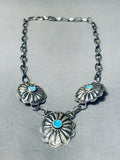 Traditional Native American Navajo Old Kingman Turquoise Sterling Silver Concho Necklace-Nativo Arts