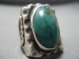 Navajo Sterling Silver Ring with Royston Turquoise – Carved Band Leaf Motif Size 10-Nativo Arts