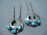 Dynamic Vintage Native American Navajo Kingman Turquoise Sterling Silver Hairpins Old-Nativo Arts