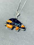 Fantastic Native American Navajo Signed Inlay Coral Jet Sterling Silver Bear Necklace-Nativo Arts
