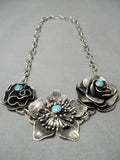 Extremely Detailed Handmade Flower Sterling Silver Turquoise Native American Navajo Necklace-Nativo Arts