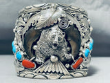 Huge Authentic Native American Navajo Turquoise Coral Sterling Silver Bear Bracelet-Nativo Arts