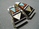 Intricate Vintage Zuni Native American Turquoise Coral Sterling Silver Earrings-Nativo Arts