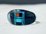 Detailed Outer Space Inlay Native American Navajo Turquoise Coral Sterling Silver Ring-Nativo Arts