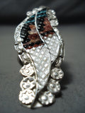 Inlay Master Native American Zuni Inlay Turquoise Coral Jet Sterling Silver Feathers Ring-Nativo Arts