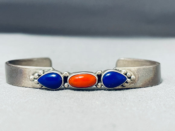 Marvelous Vintage Native American Navajo Lapis & Coral Sterling Silver Bracelet-Nativo Arts