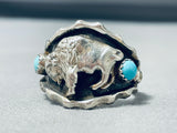 Remarkable Native American Navajo 2 Sleeping Beauty Turquoise Sterling Silver Buffalo Ring-Nativo Arts