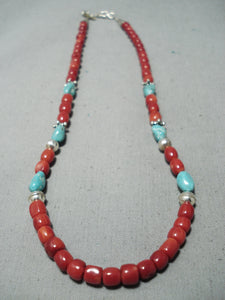 Authentic Singer Native American Navajo Chunky Coral Turquoise Sterling Silver Necklace-Nativo Arts