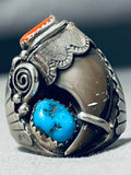 Chunky Turquoise Authentic Bear Native American Navajo Coral Sterling Silver Ring-Nativo Arts