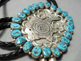 Huge Detailed Military Turquoise Sterling Silver Vintage Native American Navajo Bolo Tie-Nativo Arts