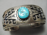 Detailed Vintage Native American Navajo Hand Wrought Geometrc Sterling Silver Turquoise Bracelet-Nativo Arts