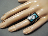 Exquisite Vintage Native American Zuni Inlay Turquoise Jet Eagle Sterling Silver Ring-Nativo Arts