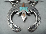 Native American Amazing Vintage Navajo Turquoise Inlay Sterling Silver Squash Blossom Necklace-Nativo Arts