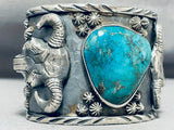 Magnificent San Felipe Signed Kingman Turquoise Sterling Silver Skulls Bracelet-Nativo Arts