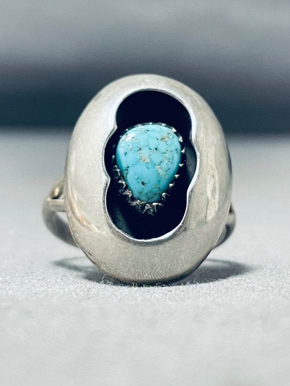 Distinctive Vintage Native American Navajo Blue Gem Turquoise Sterling Silver Shadowbox Ring-Nativo Arts