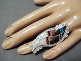 Exquisite Native American Zuni Textured Inlay Turquoise Coral Jet Sterling Silver Ring-Nativo Arts