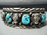 Detailed Buffalo Vintage Native American Navajo Turquoise Sterling Silver Bracelet-Nativo Arts