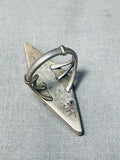 Longer Signed Vintage Native American Zuni Turquoise Inlay Sterling Silver Ring Tall Old-Nativo Arts