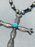 Amazing Vintage Native American Navajo Blue Gem Turquoise Sterling Silver Cross Necklace-Nativo Arts