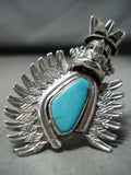 Marvelous Native American Navajo Signed Kingman Turquoise Sterling Silver Kachina Ring-Nativo Arts