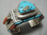 Important Native American Navajo Guild Turquoise Coral Sterling Silver Bracelet Cuff-Nativo Arts