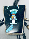 Signed Vintage Native American Navajo Midnight Kachina Turquoise Sterling Silver Bolo Tie-Nativo Arts