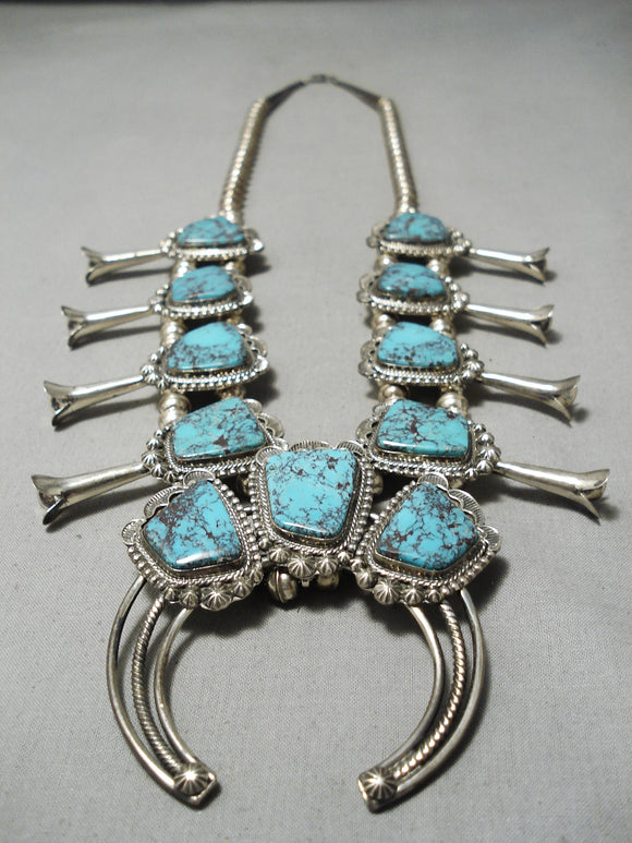 Museum Vintage Native American Navajo Basalt Turquoise Sterling Silver Squash Blossom Necklace-Nativo Arts