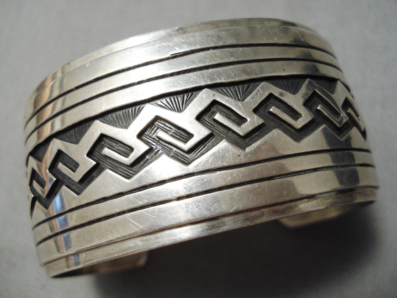 Heavy Wide Vintage Native American Navajo Rug Water Sterling Silver Bracelet Old-Nativo Arts
