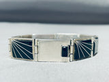 Native American Very Rare Vintage Navajo Onyx Sterling Silver Link Inlay Bracelet-Nativo Arts