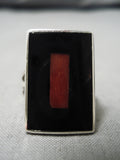 Important Native American Zuni Harlan Coonsis Coral Inlay Sterling Silver Ring-Nativo Arts