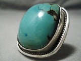 One Of The Biggest Vintage Native American Navajo Squared Green Turquoise Sterling Silver Ring-Nativo Arts