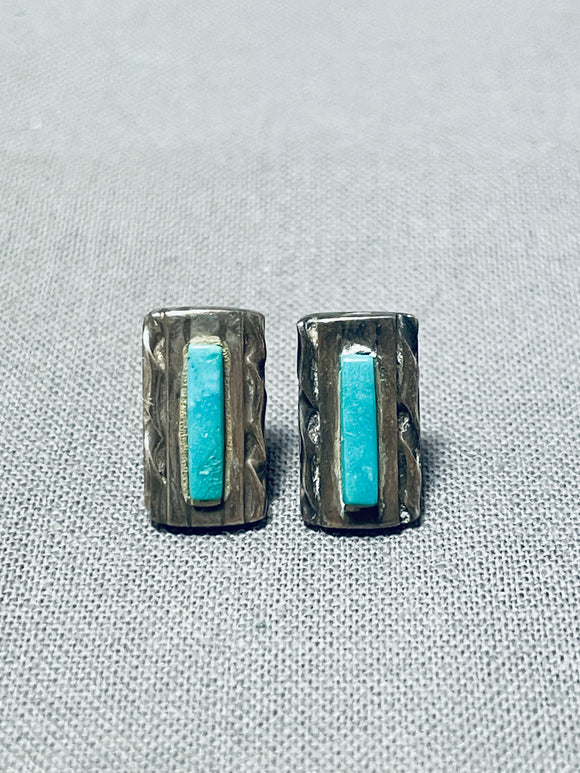 Fabulous Vintage Native American Navajo Blue Gem Turquoise Sterling Silver Pierced Earrings-Nativo Arts